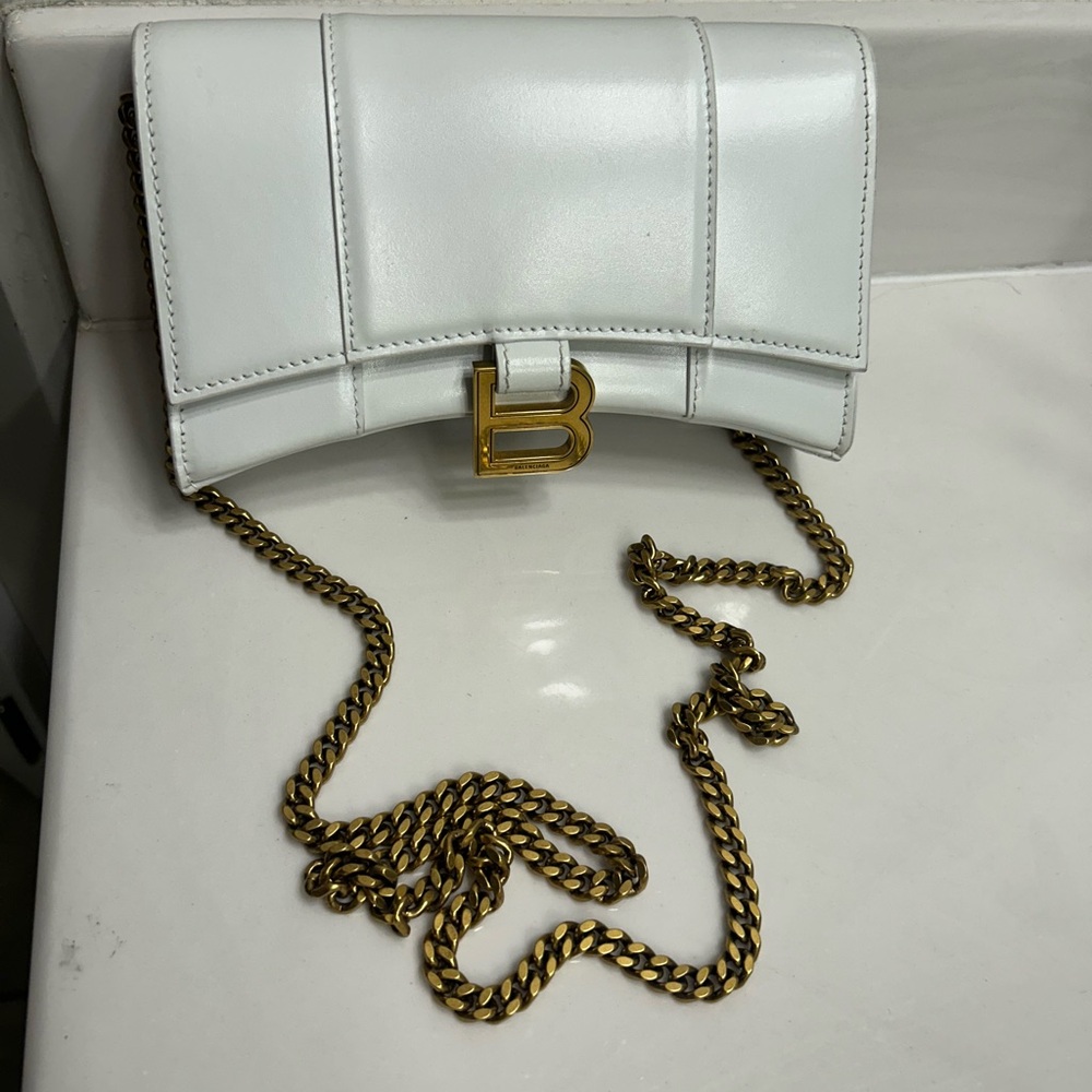 Balenciaga White Hourglass Leather Wallet On Chain
